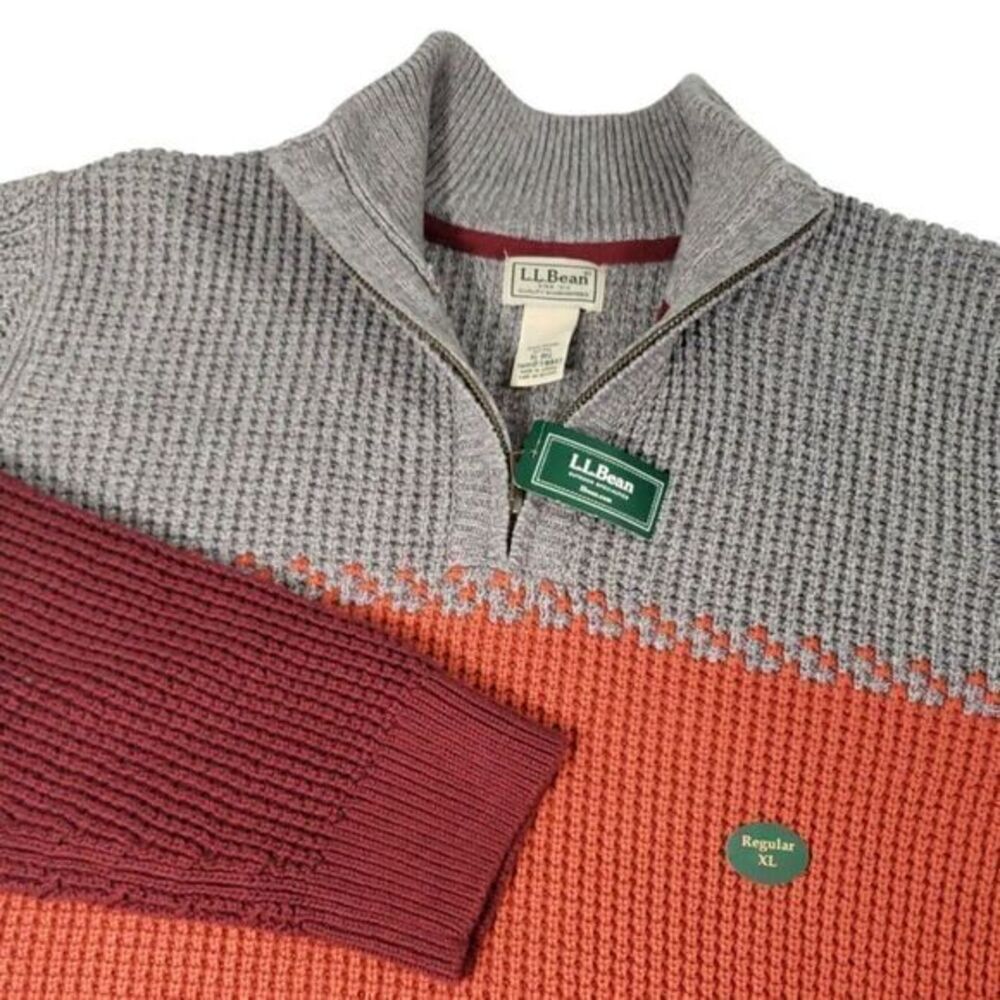 NEW L.L. Bean Quarter‎ Zip Seed Stitch Tri-Color Knit Pullover Sweater Size XL
